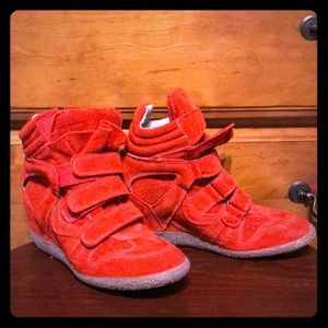 Red orange wedge suede sneakers. NWOT